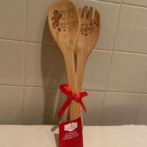 🩷Holiday Time Etched Wooden Bamboo Kitchen Spoon & Spork Set
